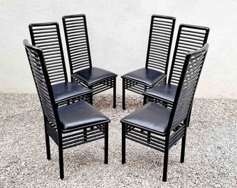 Set of 6 Postmodern Dining Chairs / Retro Chairs / Black High Back Chairs / Wooden Lacquered Chairs / Leather Chairs / Italy / 1980 / '80s