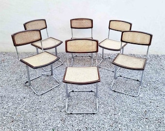 Set of 6 Mid Century Cantilever Dining Chairs / Bauhaus / Italian Rattan Brown Cantilever Chairs / Steel Tube Chairs / Italy / 1970 / '70s