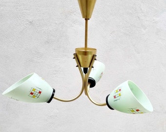 Mid Century glazen plafondlamp / Vintage glazen lamp / home verlichting / drie lampen kroonluchter / 3 armen kroonluchter / Italië / jaren 1960 / '60s