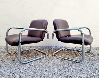 1 of 2 Mid Century Lounge Tubular Armchair / Brown Leather Armchairs / Chrome Chairs / Italian Design / Home and Living / Italy / 1970 /'70s