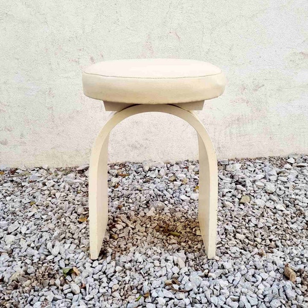 Vintage Wooden White Stool / Mid Century Ottoman / Faux Leather Stool / White Cushion and White Wood / Retro Chairs / Italy / 1970 / '70s