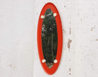 Mid Century Großer Wandspiegel / Vintage Italienischer Orange Oval Spiegel / Skandinavisches Design / Holz / Campo & Graffi Stil / Italien '60er Jahre