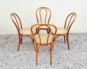Set of 4 Mid Century Modern Thonet Style Dining Chairs / Bentwood and Rattan / Cafe Bistro Chairs / Vintage / Thonet Chairs / Italy / '80s