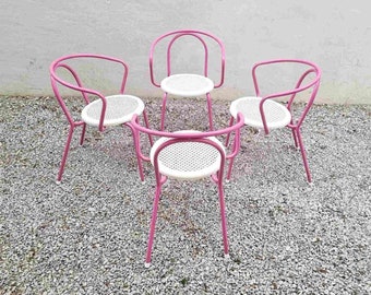 Set of 4 Vintage Pink Metal Patio Chairs / Pink White Chairs / Garden Chairs / Pop Art Modernist Memphis Design / Yugoslavia / 1980 / '80s