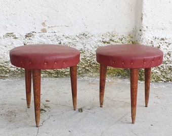 Vintage Tripod Stools / Mid Century Faux Leather Stools / Ottoman / Eco Leather and Wood / FootStools / Red / Wood / Pair / Italy / '60s