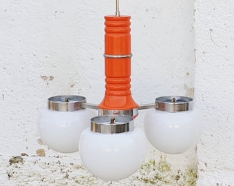 Atomic Orange Three Bubble Pendant Lamp / Sputnik Style Chandelier / Ceiling Light / Space Age Lighting / Italy / '70s