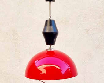Mid Century Red Plastic Pendant Lamp / Retro Pendant Lamp / Hanging Light / Space Age Lighting / Adjustable Retro Light / Yugoslavia / '70s