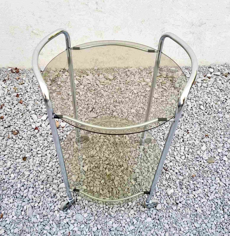 Mid Century Glass Serving Trolley / Bar Cart / Mid Century Side Table / Glass Cart / Vintage Bar Cart / Metal and Glass Cart / Italy / '60s image 4