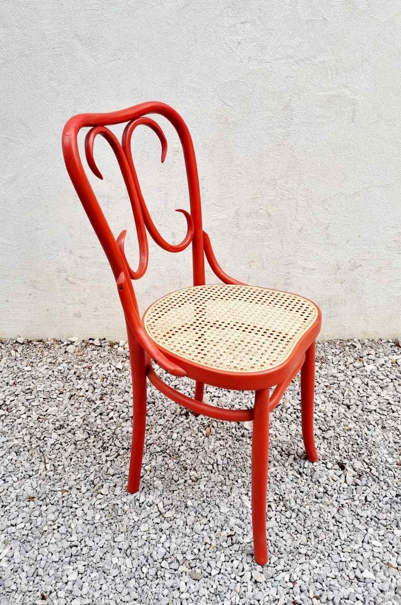 Mid Century Wicker Chair / Vintage Dining Chair / Wooden Chair / Red Chair / Thonet Style Chair / Art Nouveau / Austria / 1930s / '30s image 2