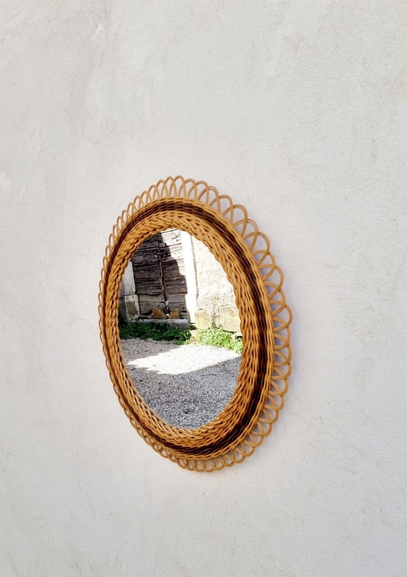 Mid Century Wall Mirror / Vintage Rattan Round Wall Mirror / Franco Albini Style / Boho Mirrors / Home Decor / Italian Design / 1970s / '70s image 1