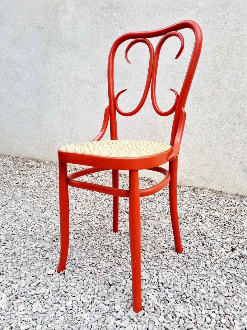Mid Century Wicker Chair / Vintage Dining Chair / Wooden Chair / Red Chair / Thonet Style Chair / Art Nouveau / Austria / 1930s / '30s image 6
