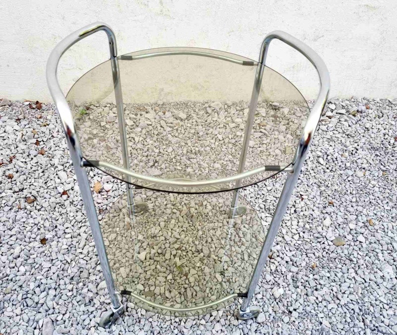 Mid Century Glass Serving Trolley / Bar Cart / Mid Century Side Table / Glass Cart / Vintage Bar Cart / Metal and Glass Cart / Italy / '60s image 6