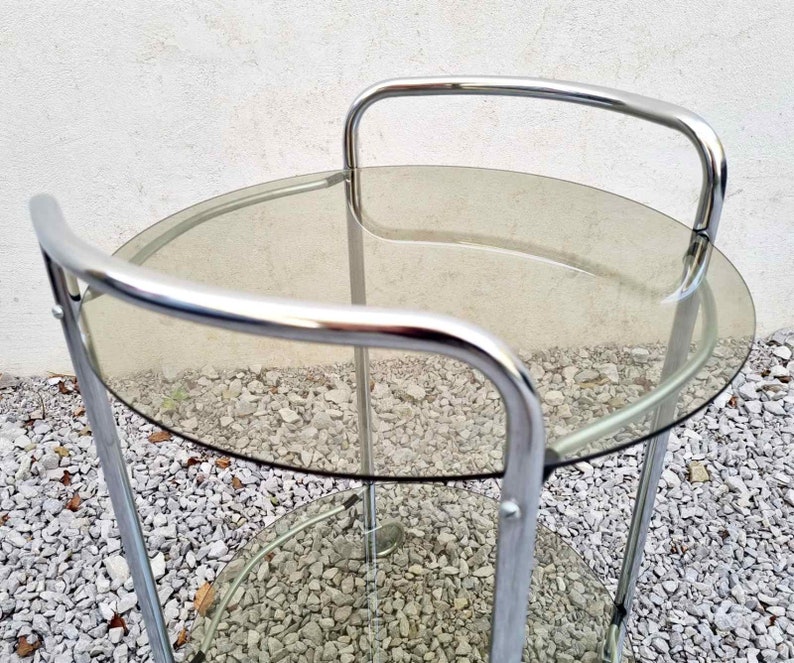 Mid Century Glass Serving Trolley / Bar Cart / Mid Century Side Table / Glass Cart / Vintage Bar Cart / Metal and Glass Cart / Italy / '60s image 3