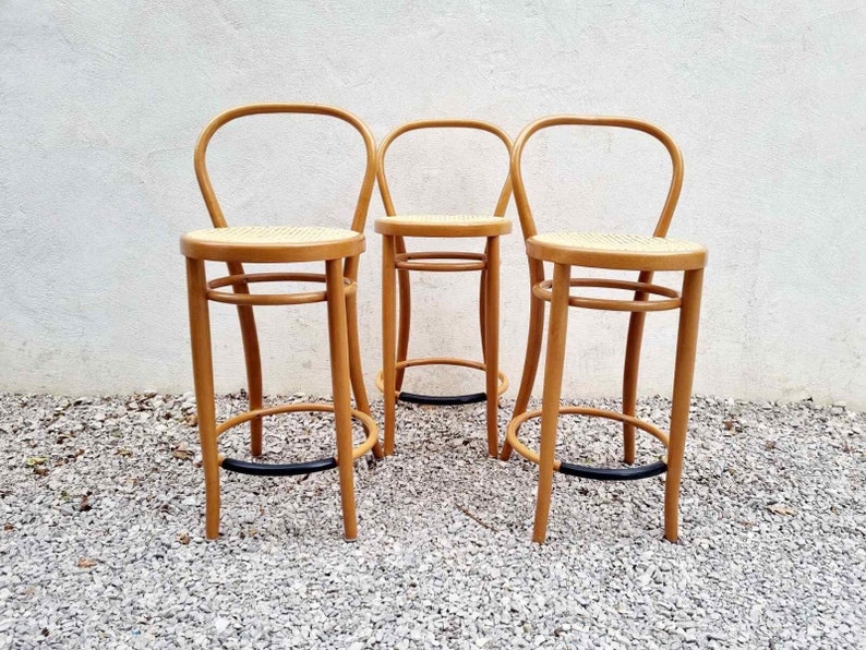 1 of 3 Vintage Bentwood Bar Stool / Thonet Style Chairs / Thonet Style Stools / Wooden Wicker Stools / Brown Bar Chairs / Italy / 1980 /'80s image 1