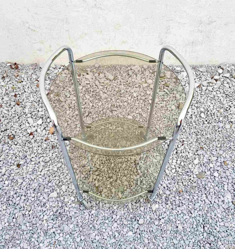 Mid Century Glass Serving Trolley / Bar Cart / Mid Century Side Table / Glass Cart / Vintage Bar Cart / Metal and Glass Cart / Italy / '60s image 10