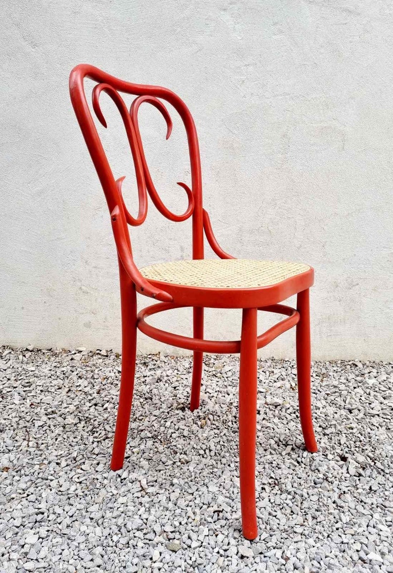 Mid Century Wicker Chair / Vintage Dining Chair / Wooden Chair / Red Chair / Thonet Style Chair / Art Nouveau / Austria / 1930s / '30s image 9