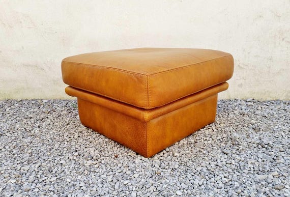 Mid Century Square Brown Leather Stool / Vintage Ottoman / Brown Leather Pouf / Italian Design / Cognac Leather / Stools / Italy /1980 /'80s