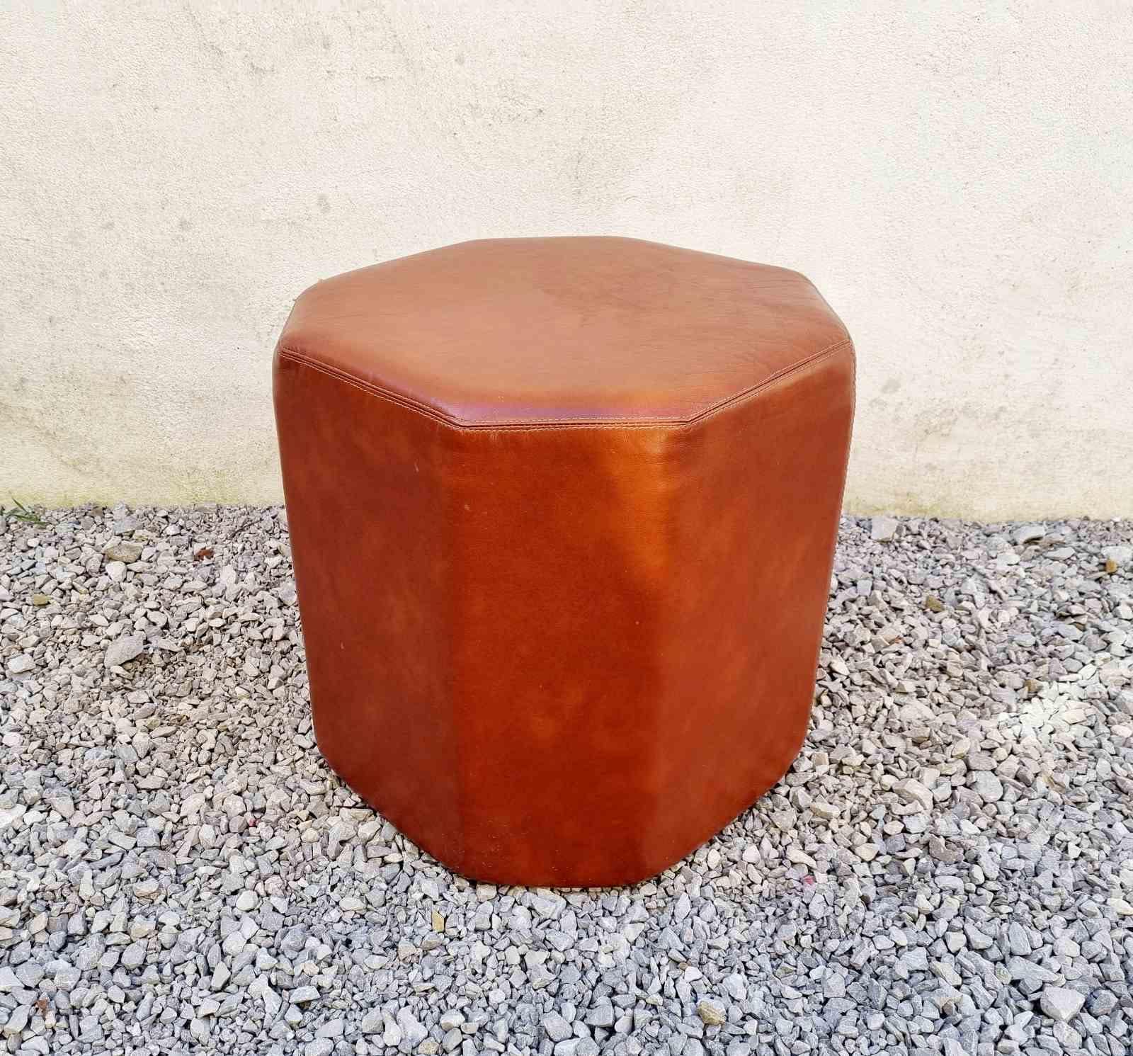 Tabouret Octogonal En Cuir Marron Mid-Century/Ottoman Vintage Pouf Design Italien Rétro Tabourets Italie 1980 Années 80