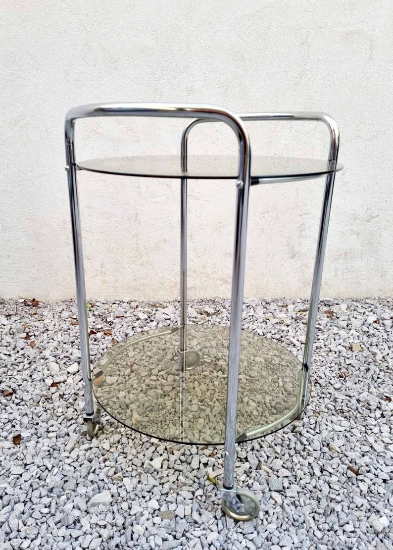 Mid Century Glass Serving Trolley / Bar Cart / Mid Century Side Table / Glass Cart / Vintage Bar Cart / Metal and Glass Cart / Italy / '60s image 7