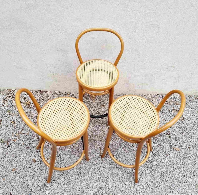 1 of 3 Vintage Bentwood Bar Stool / Thonet Style Chairs / Thonet Style Stools / Wooden Wicker Stools / Brown Bar Chairs / Italy / 1980 /'80s image 9