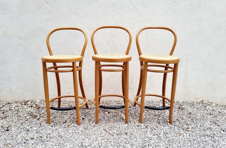 1 of 3 Vintage Bentwood Bar Stool / Thonet Style Chairs / Thonet Style Stools / Wooden Wicker Stools / Brown Bar Chairs / Italy / 1980 /'80s image 2