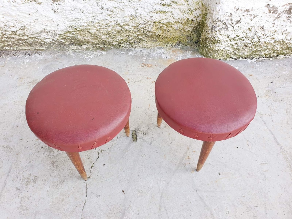 Vintage Tripod Stools / Mid Century Faux Leather Stools / Etsy