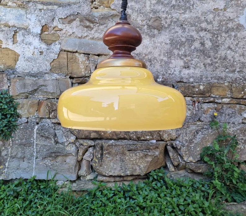 Mid Century Glass Pendant Lamp / Retro Yellow Vintage Glass Ceiling Lamp / Hanging Light / Space Age / Retro Light / Yugoslavia / 1970 /'70s zdjęcie 1