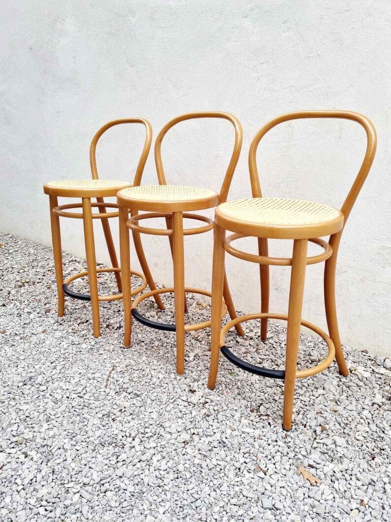 1 of 3 Vintage Bentwood Bar Stool / Thonet Style Chairs / Thonet Style Stools / Wooden Wicker Stools / Brown Bar Chairs / Italy / 1980 /'80s image 7