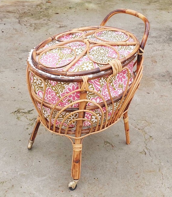Mid Century Rattan Bamboo Sewing Basket / Vintage Knitting