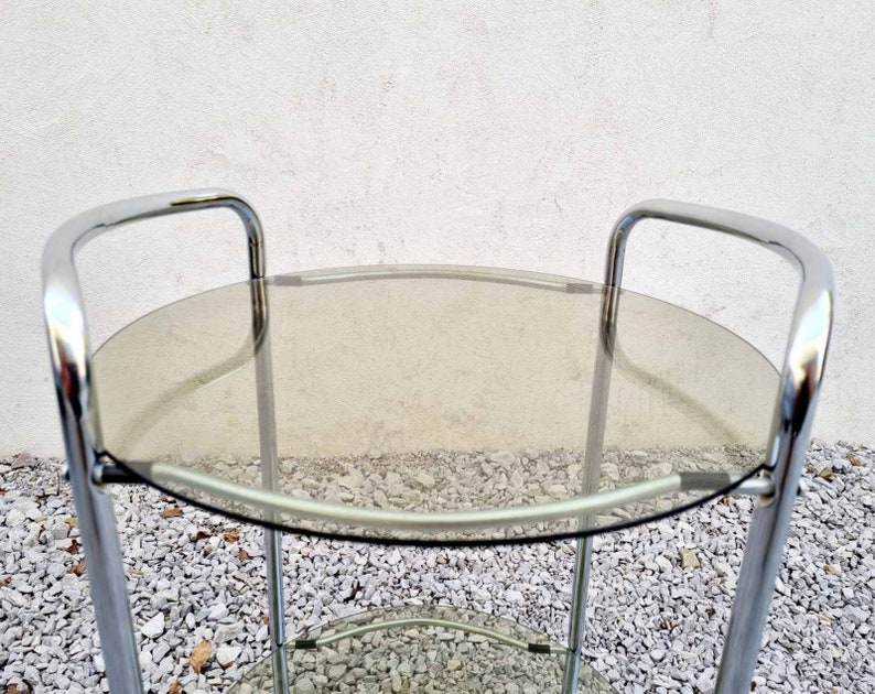 Mid Century Glass Serving Trolley / Bar Cart / Mid Century Side Table / Glass Cart / Vintage Bar Cart / Metal and Glass Cart / Italy / '60s image 5