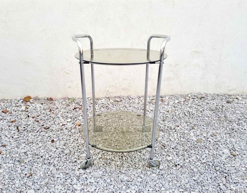 Mid Century Glass Serving Trolley / Bar Cart / Mid Century Side Table / Glass Cart / Vintage Bar Cart / Metal and Glass Cart / Italy / '60s image 1