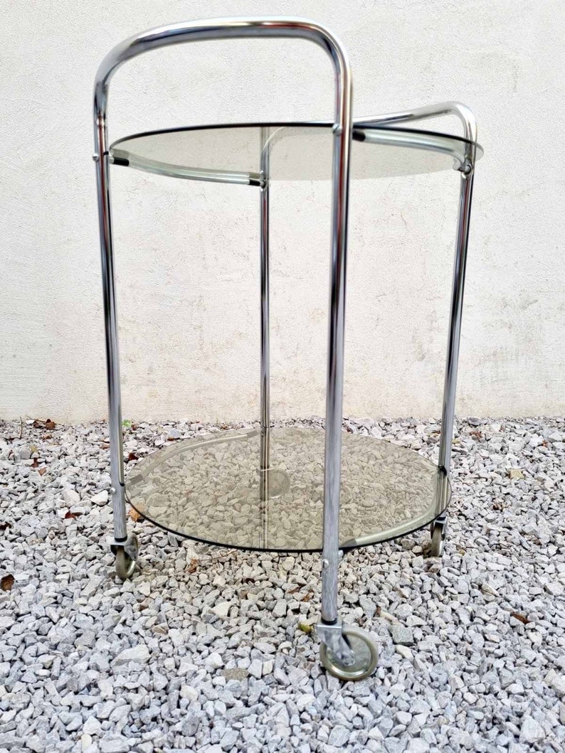 Mid Century Glass Serving Trolley / Bar Cart / Mid Century Side Table / Glass Cart / Vintage Bar Cart / Metal and Glass Cart / Italy / '60s image 8