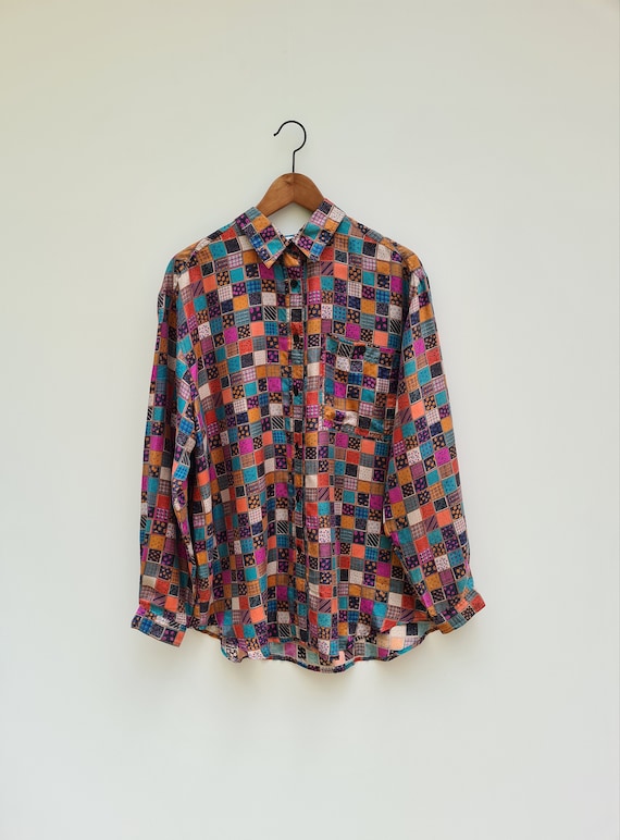 90s Patchwork Silk Blouse | Abstract Blouse | Long