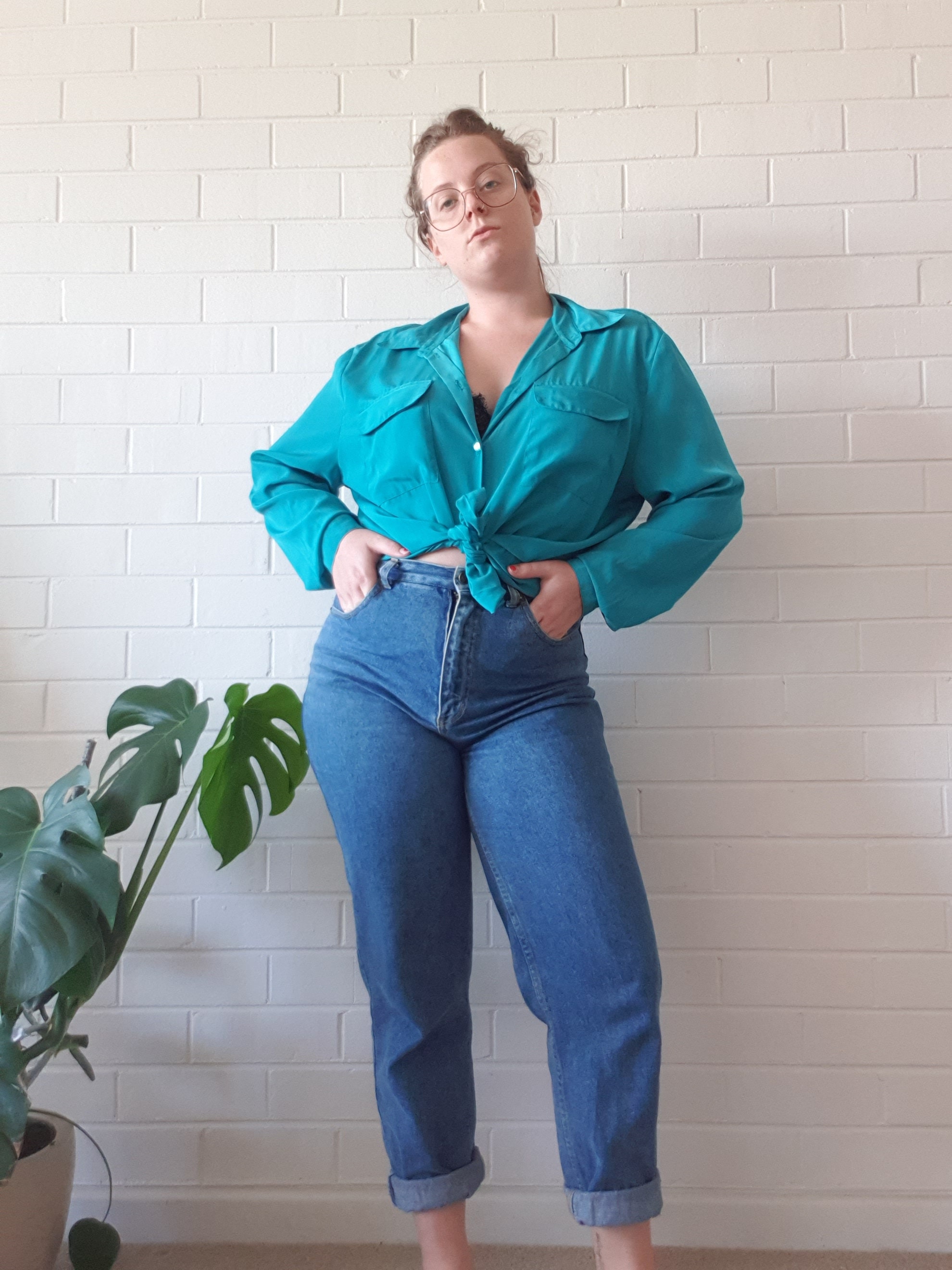 80s Bright Flowy Green Oversized Shirt 