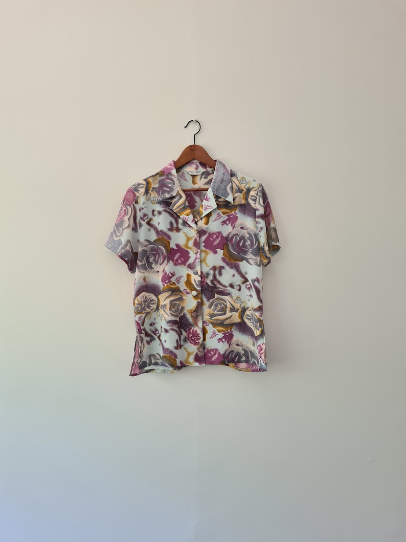70s Abstract blouse rose pattern Size 12 Medium