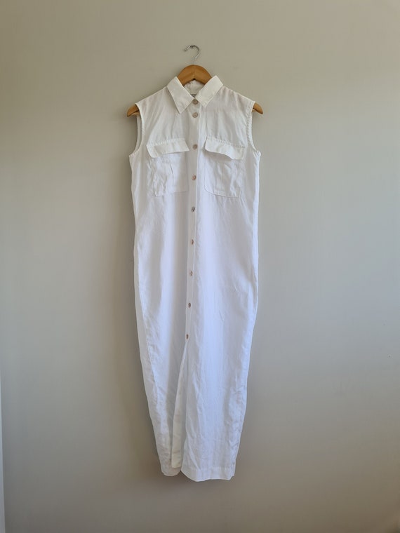 90s White Linen Dress | Sleeveless Shirt Dress | m