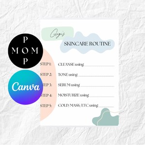 May include: A printable skincare routine checklist with a pink and blue abstract background. The checklist includes steps for cleansing, toning, serum, moisturizing, and cold/mask/etc. The text "Grigis" is handwritten at the top of the page.