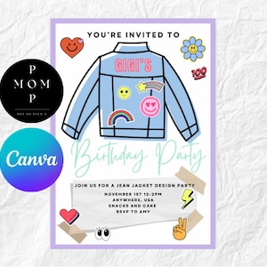 Design/decoração de jaqueta jeans para meninas Festa 5"x7" Convite + 8"x10" Escolha seus modelos de pôster de patches | EDITAR NO CANVA Pro