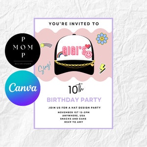 Hat Design Birthday Party Invite: Poster & Phone Template (Canva Pro, Digital Download)