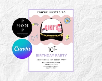 Hat Design Birthday Party Invite: Poster & Phone Template (Canva Pro, Digital Download)