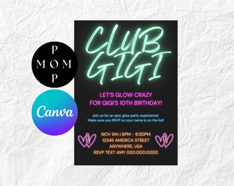 Glow Party Invitation Template: Neon Poster, Canva Pro (Digital Download)