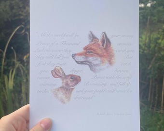 Fox and Rabbit Coloured Pencil A5 Print Inspired by the book Watership Down