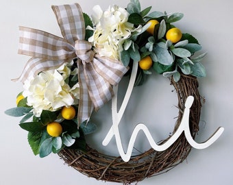 summer hydrangea and lemon wreath for front door / welcome "hi" wreath with lemon, lamb's ear, and white hydrangea / neutral summer wreaths