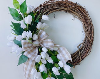 spring wreath with tulips and greenery / farmhouse spring flower wreaths for front door / modern white checkered bow with tulips