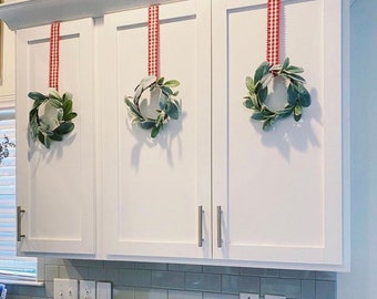 cabinet wreaths pack of 3 / Christmas holiday mini wreaths for window, door, cabinet / lambs ear mini wreath with ribbon