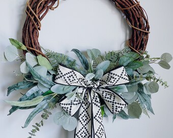 modern + boho greenery wreath for front door / contemporary black + white all season year round wreath with lambs ear + eucalyptus + fern