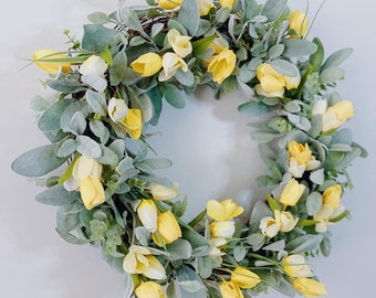 choose your color tulip wreath! spring flower wreath for front door with lamb's ear and eucalyptus greenery / farmhouse modern wreaths