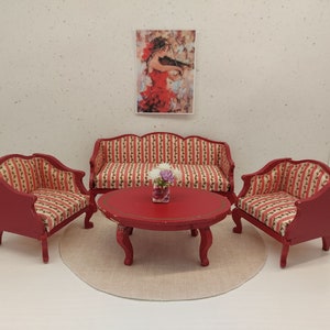 Lundby Royal living room, in rare colour. Chairs, sofa, coffee table and tiny accessories inclusive.