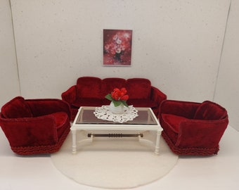 Lundby original Sofagarnitur, Wohnzimmergarnitur mit winzigen Accessoires inklusive