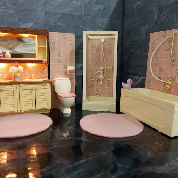 Lundby original complete bathroom set with lights and tiny accessories inclusive